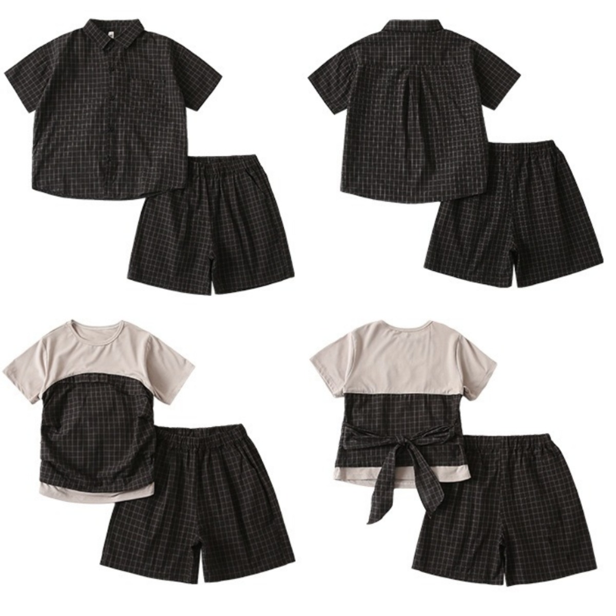 親子ペアルック ダークチェック柄 ファミリーセットアップ（半袖シャツ＆フェイクレイヤード）