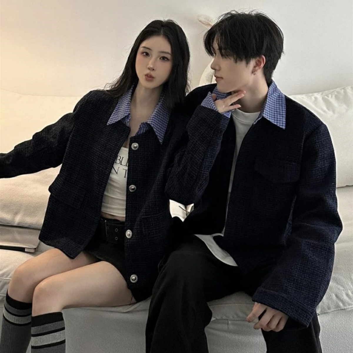 カップルペアルック ネイビーツイード レイヤード風ジャケット
