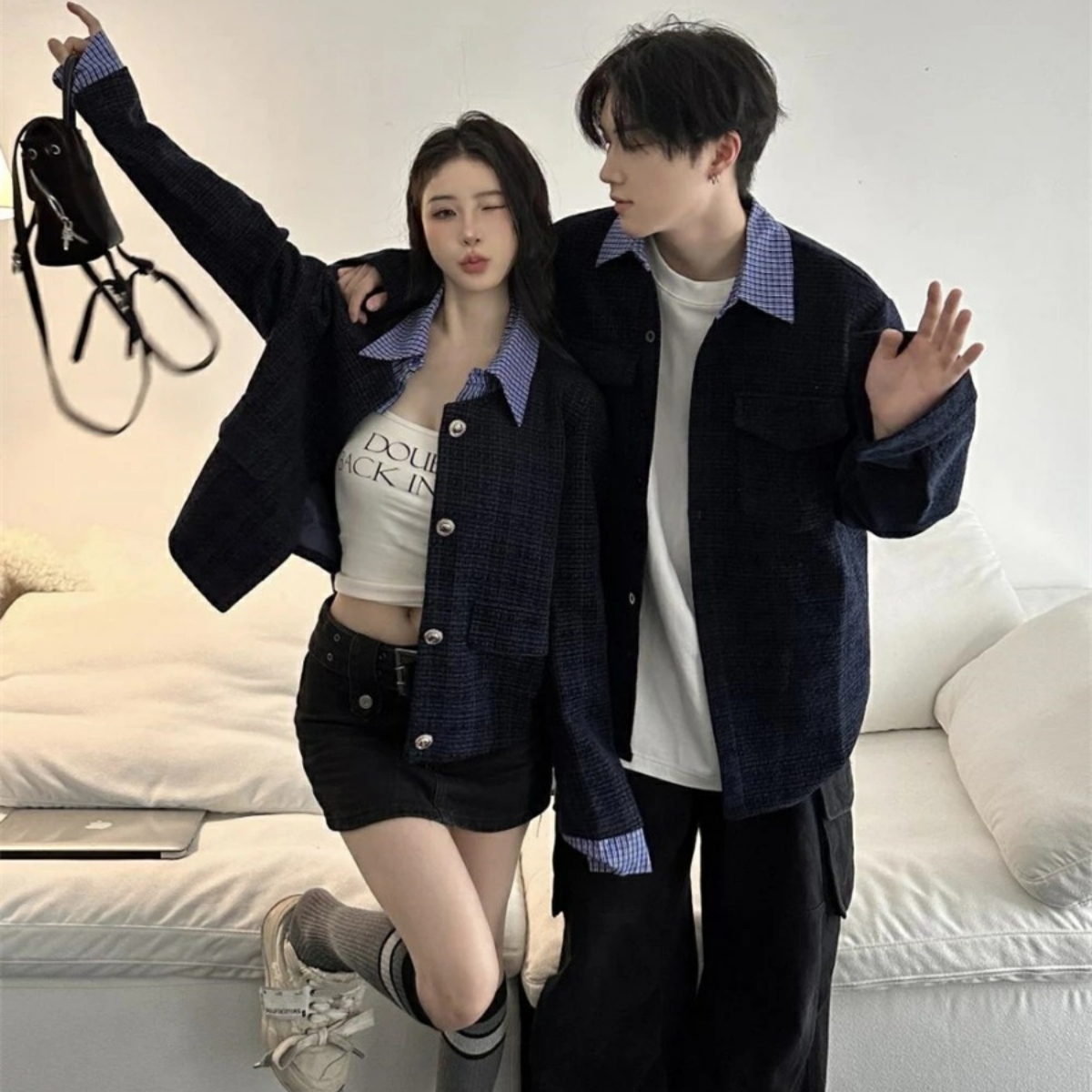 カップルペアルック ネイビーツイード レイヤード風ジャケット