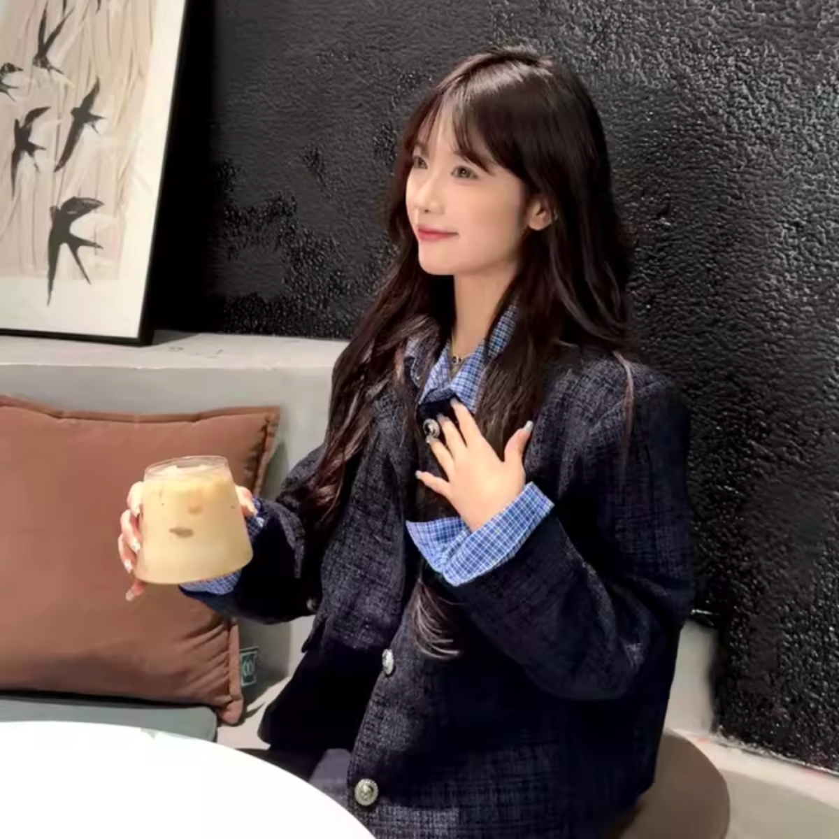 カップルペアルック ネイビーツイード レイヤード風ジャケット