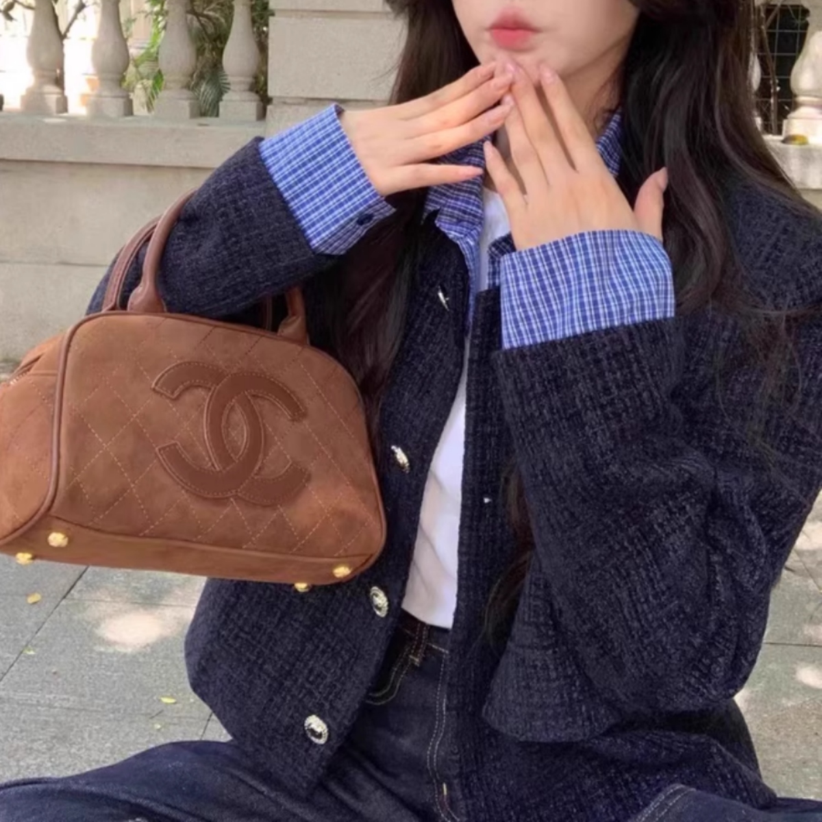 カップルペアルック ネイビーツイード レイヤード風ジャケット