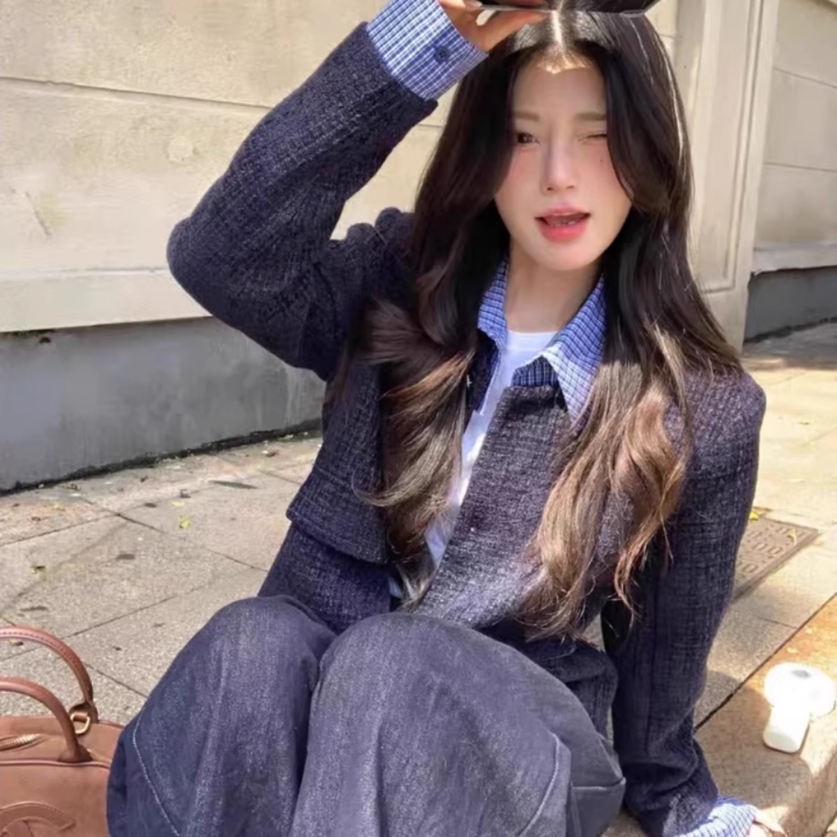 カップルペアルック ネイビーツイード レイヤード風ジャケット