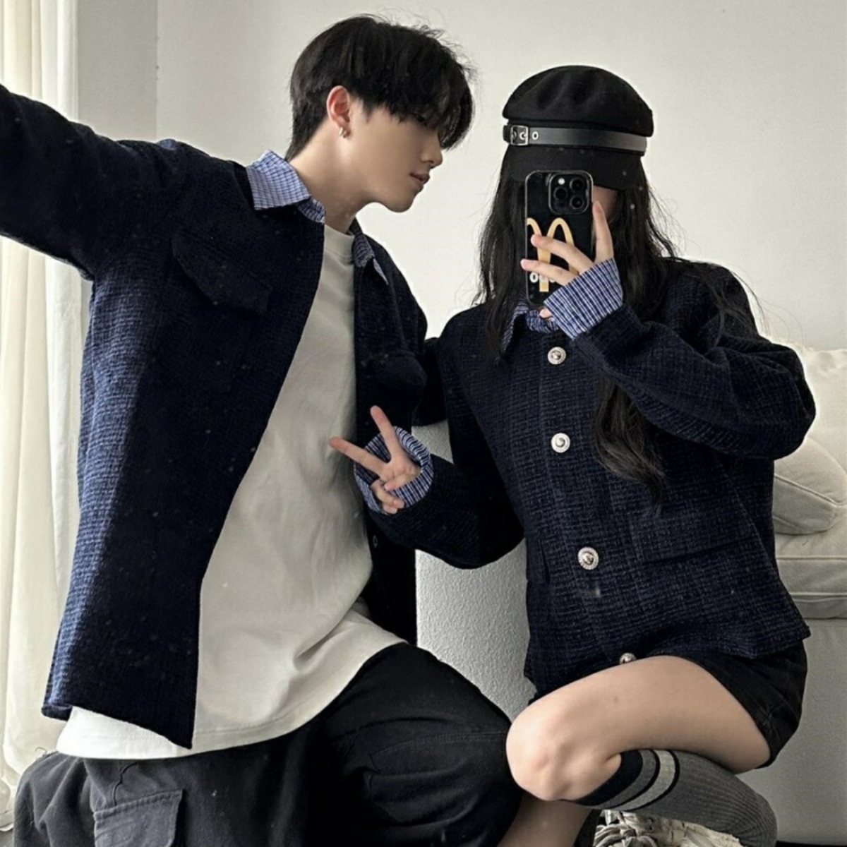 カップルペアルック ネイビーツイード レイヤード風ジャケット