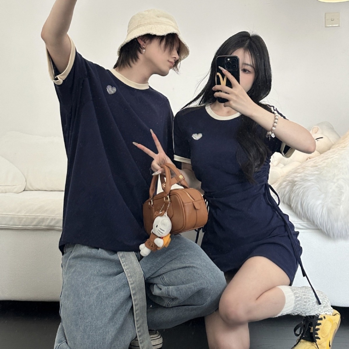 カップルペアルック クラシックネイビー ハートライン Tシャツ・ワンピース