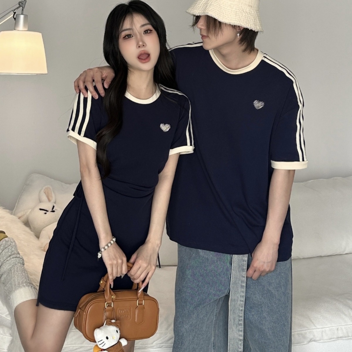 カップルペアルック クラシックネイビー ハートライン Tシャツ・ワンピース