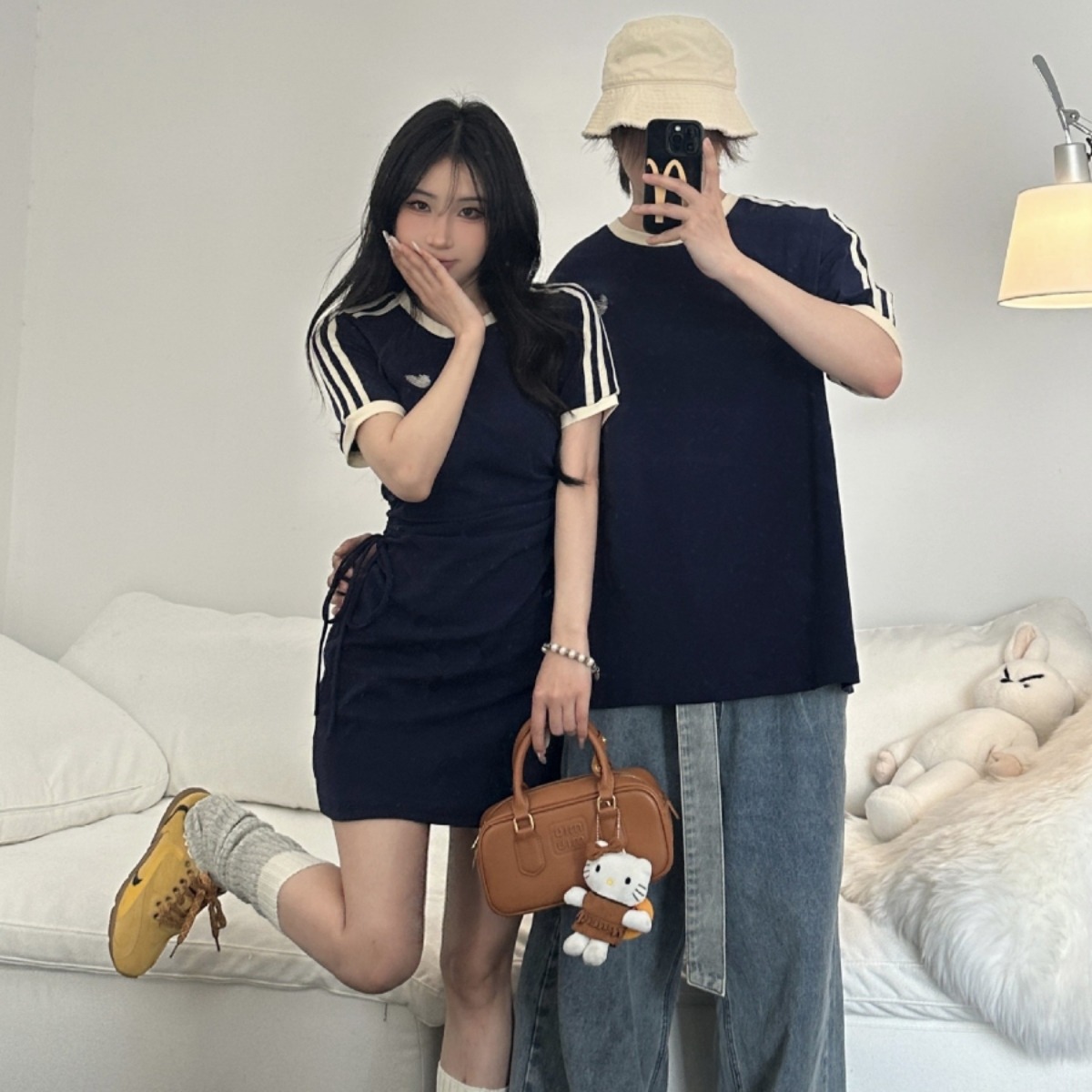 カップルペアルック クラシックネイビー ハートライン Tシャツ・ワンピース