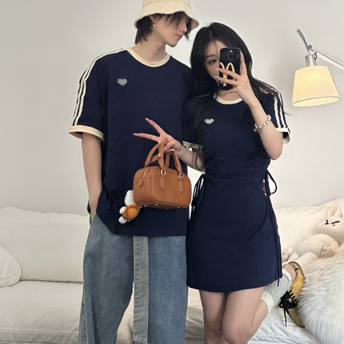 カップルペアルック クラシックネイビー ハートライン Tシャツ・ワンピース