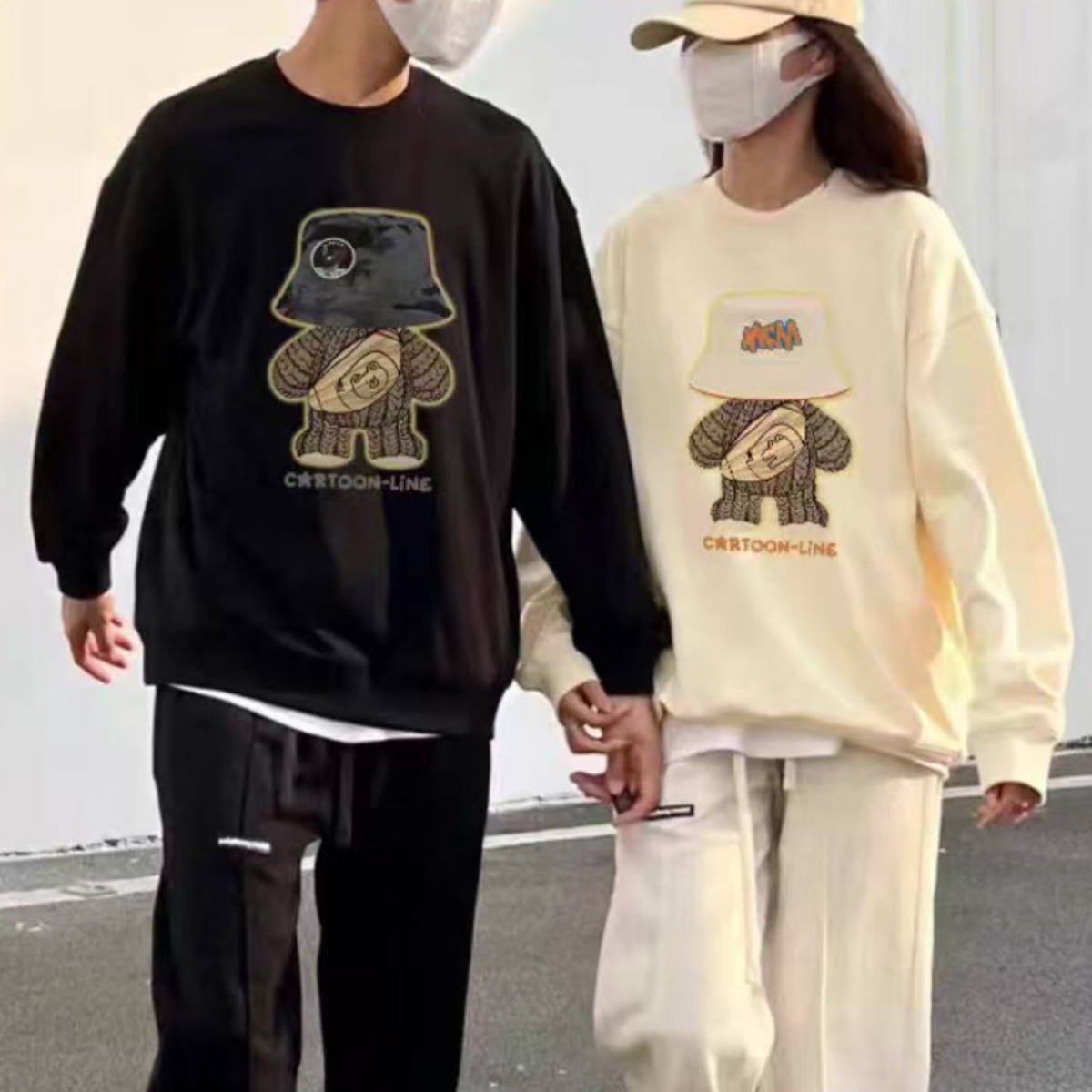 カップルペアルック 帽子ベアーデザイン 高級感トレーナー【2点セット】