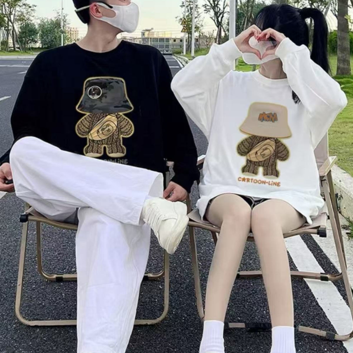 カップルペアルック 帽子ベアーデザイン 高級感トレーナー【2点セット】