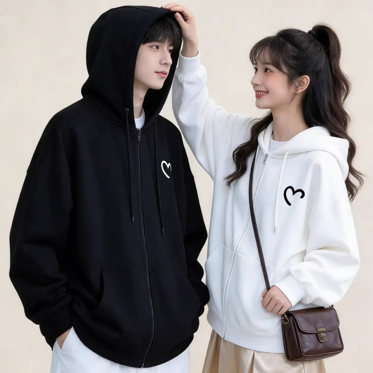 カップルペアルック ハーフハートリンク ジップアップパーカー