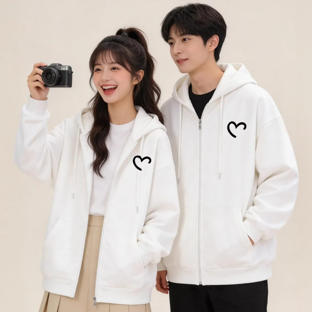 カップルペアルック ハーフハートリンク ジップアップパーカー