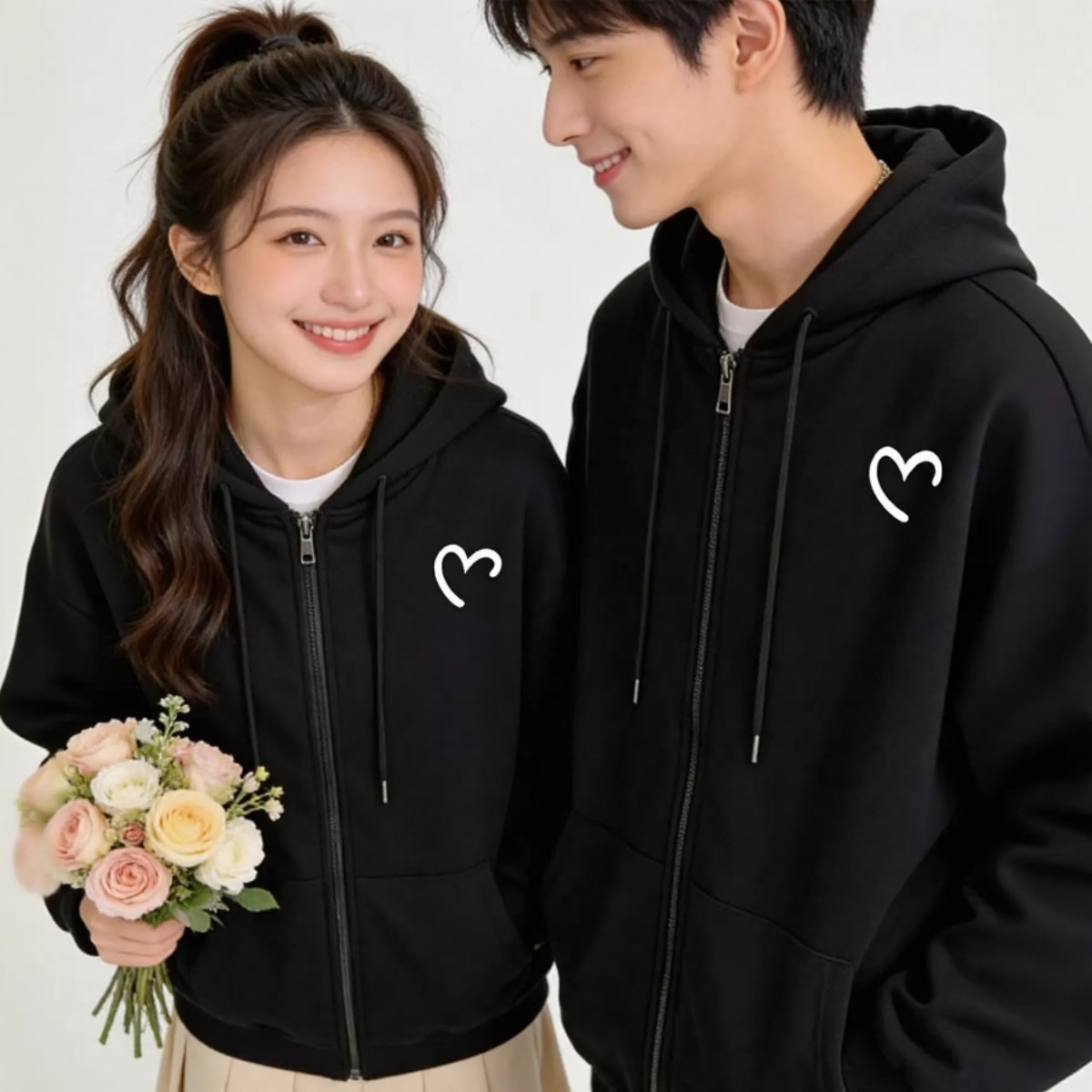 カップルペアルック ハーフハートリンク ジップアップパーカー