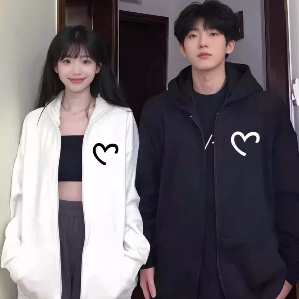 カップルペアルック ハーフハートリンク ジップアップパーカー