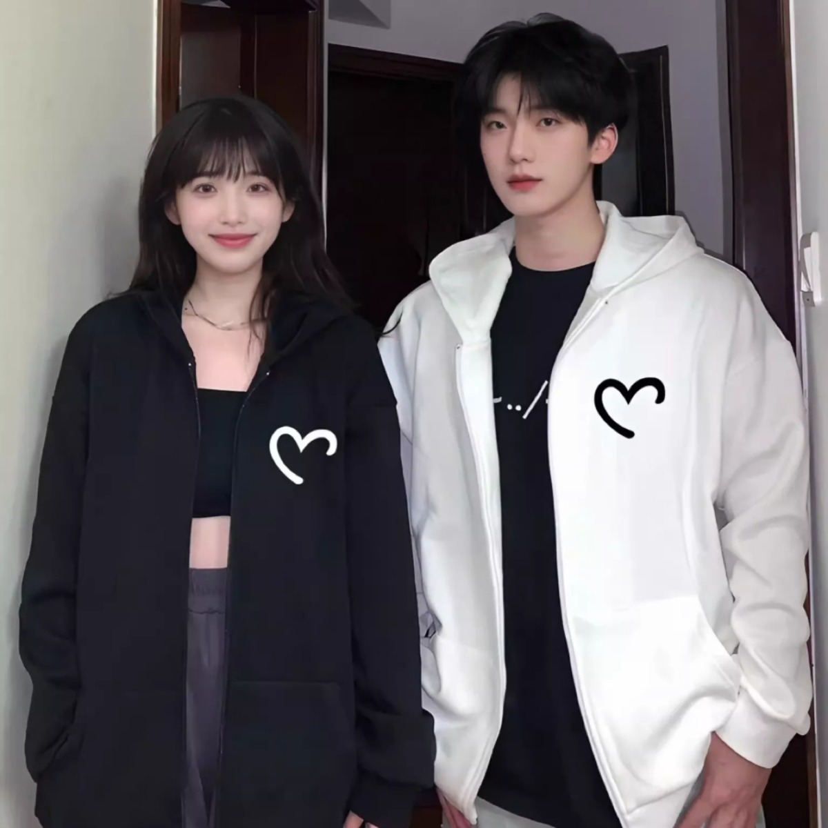 カップルペアルック ハーフハートリンク ジップアップパーカー
