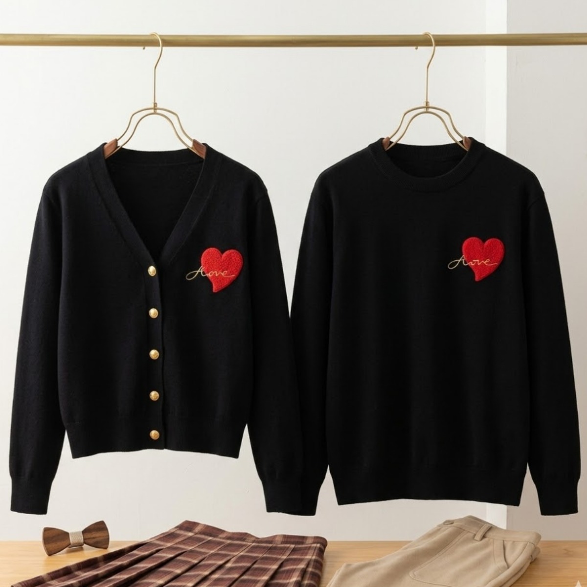 カップルペアルック ハート刺繍ニット・カーディガン