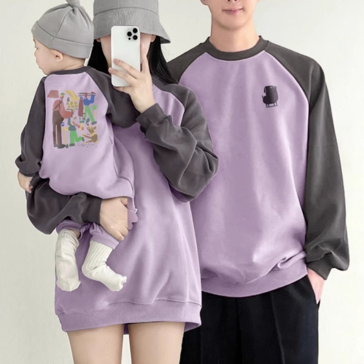 親子ペアルック バックイラスト パープルトレーナー・ロンパース