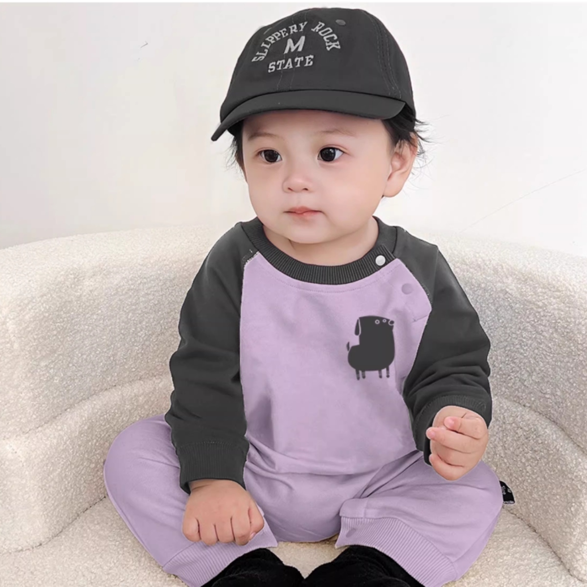 親子ペアルック バックイラスト パープルトレーナー・ロンパース