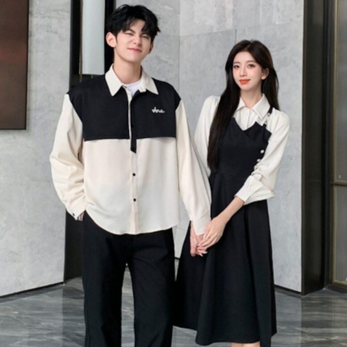 ペアルック フランス風ステッチワンピ＆メンズ長袖シャツ（スクール風）