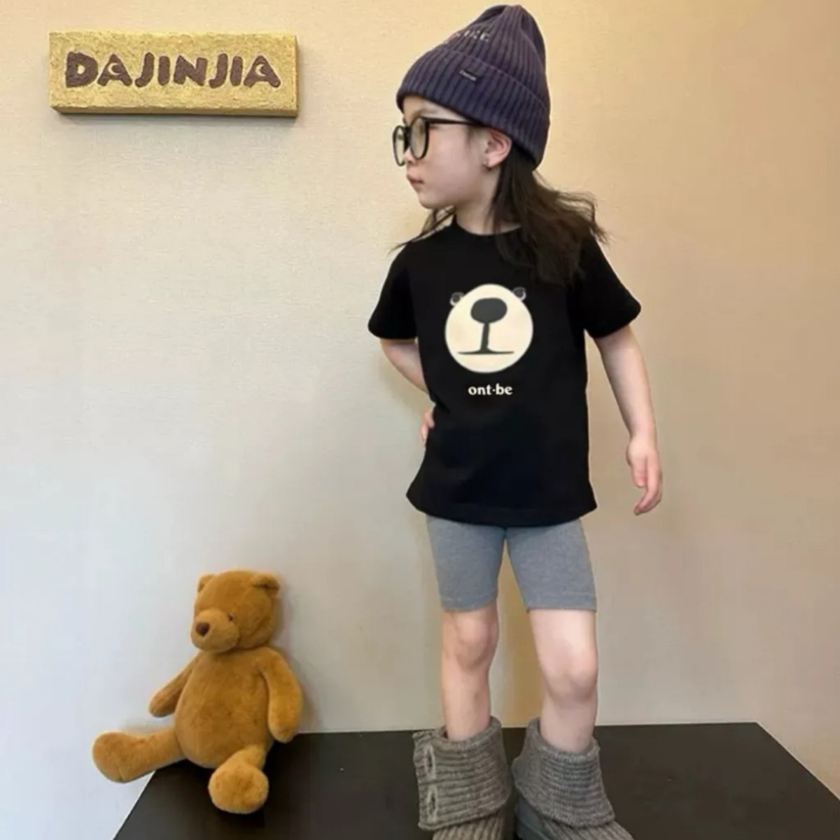 親子ペアルック モノトーン・アニマルフェイスTシャツ