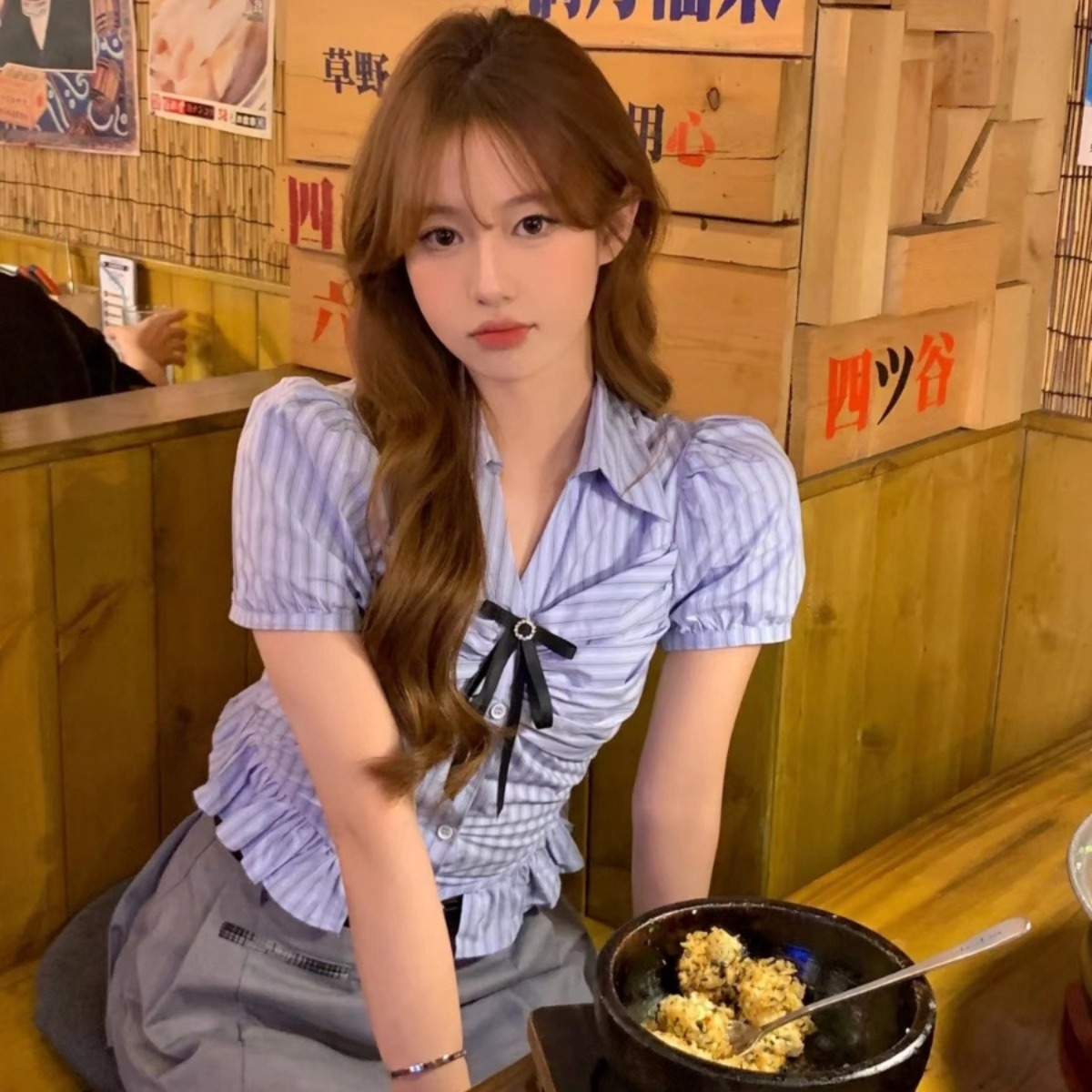 ペアルック 韓国カレッジ風ブルーストライプ半袖シャツ