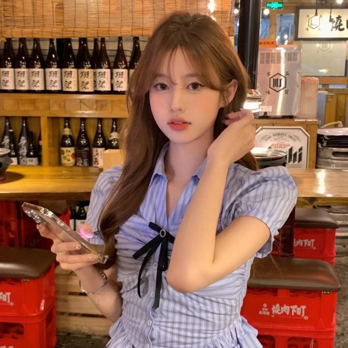 ペアルック 韓国カレッジ風ブルーストライプ半袖シャツ