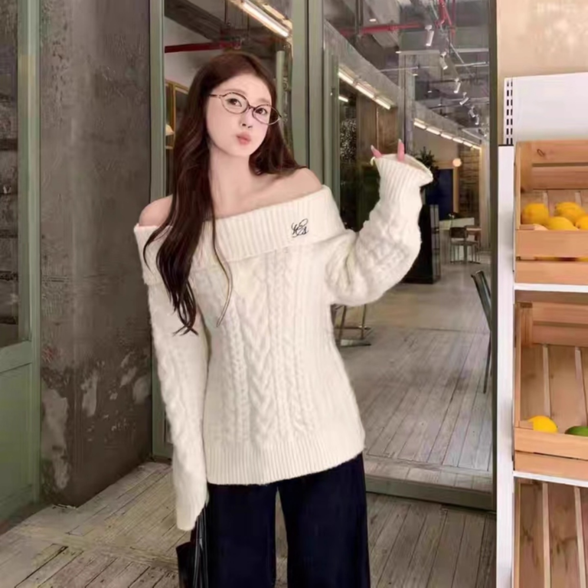 カップルペアルック ゆったりケーブルニット ホワイト