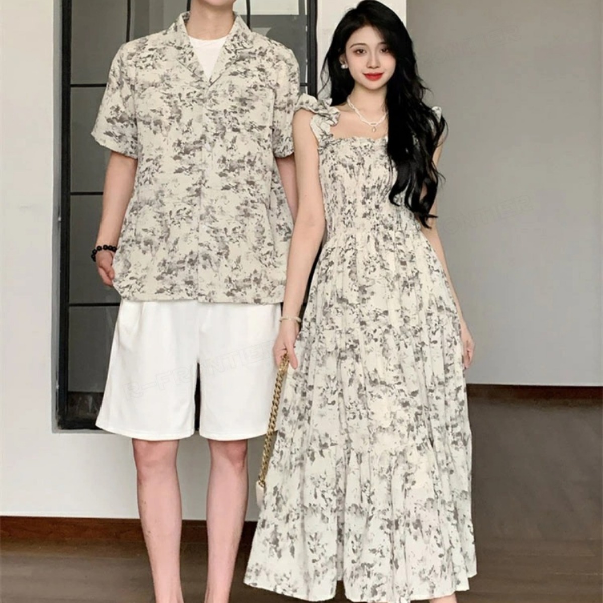 カップルペアルック 淡色ボタニカル シャツ＆ワンピース