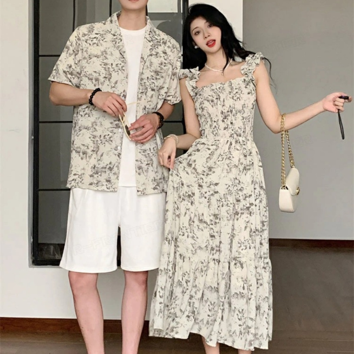 カップルペアルック 淡色ボタニカル シャツ＆ワンピース