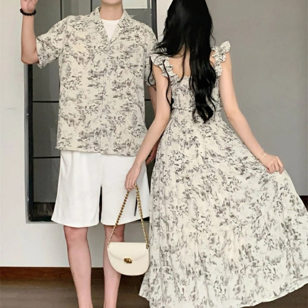 カップルペアルック 淡色ボタニカル シャツ＆ワンピース