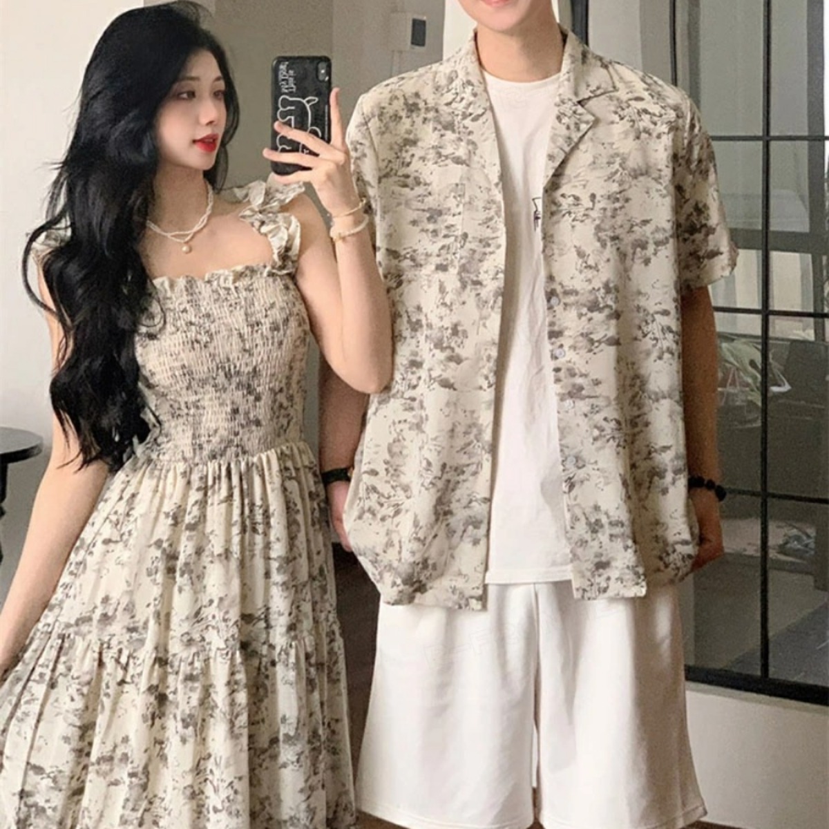 カップルペアルック 淡色ボタニカル シャツ＆ワンピース