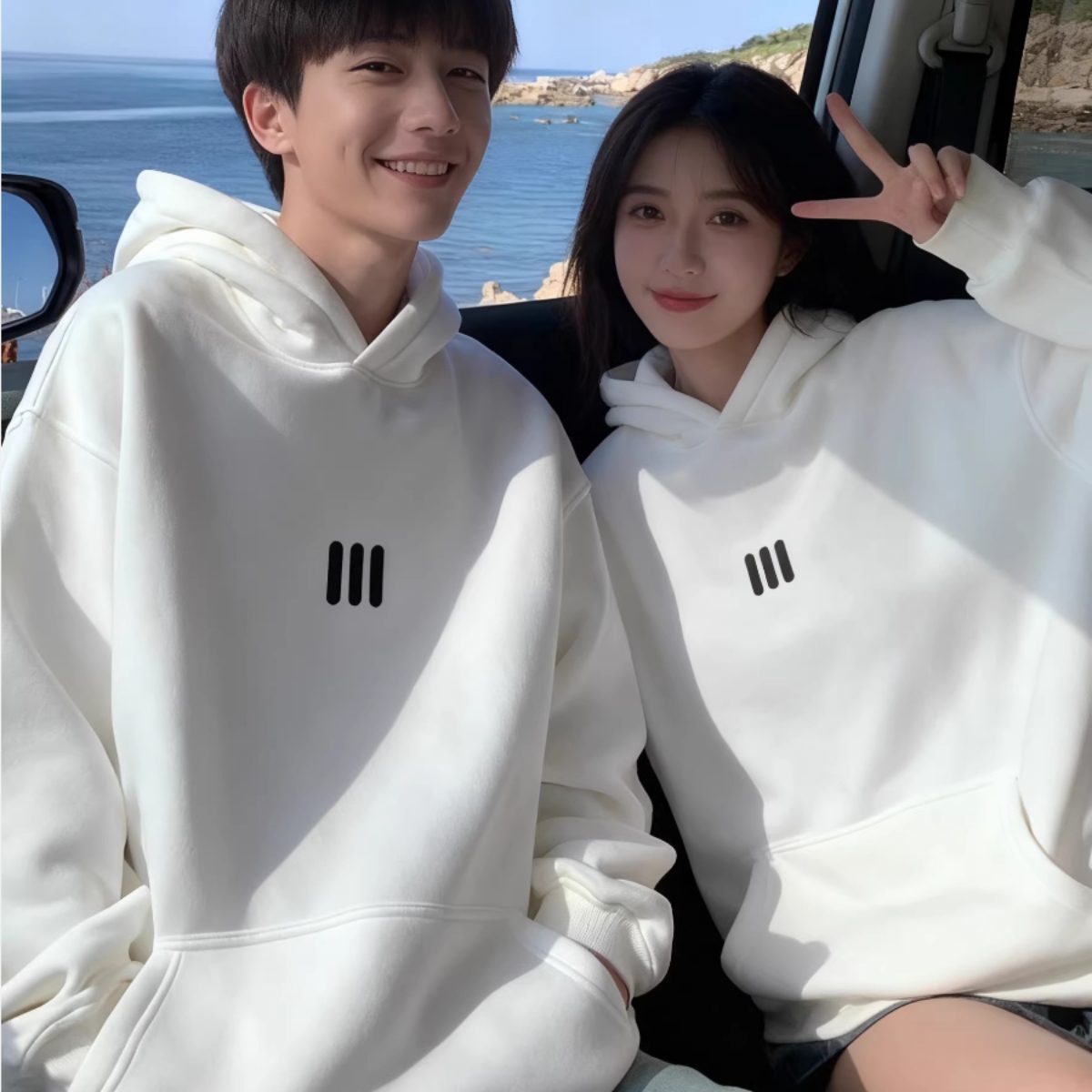 カップルペアルック ミニマルライン ロゴフーディパーカー ユニセックス