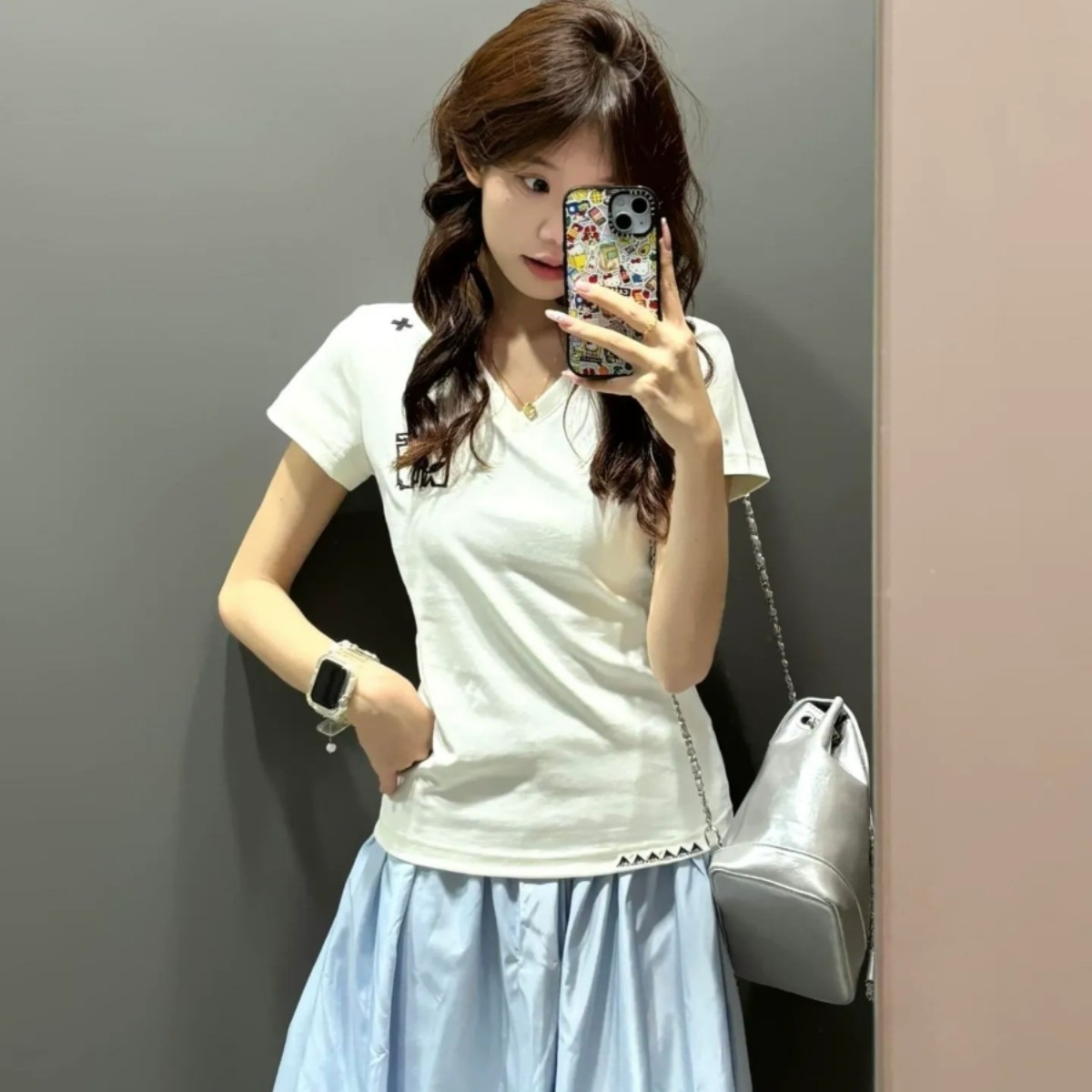 カップルペアルック ミニマルリンク刺繍Tシャツ