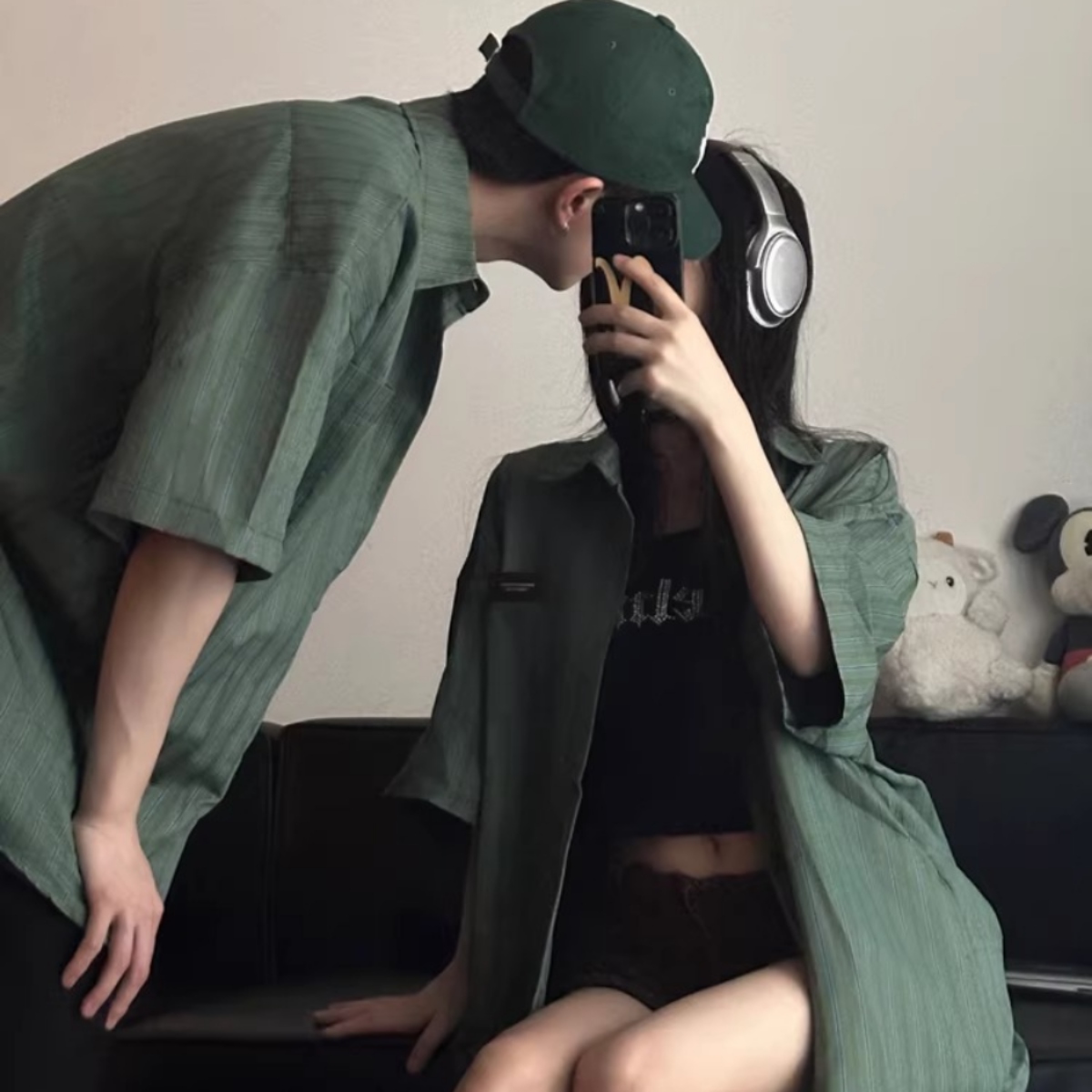 ペアルック ヴィンテージ風 モスグリーン ピンストライプ シャツ