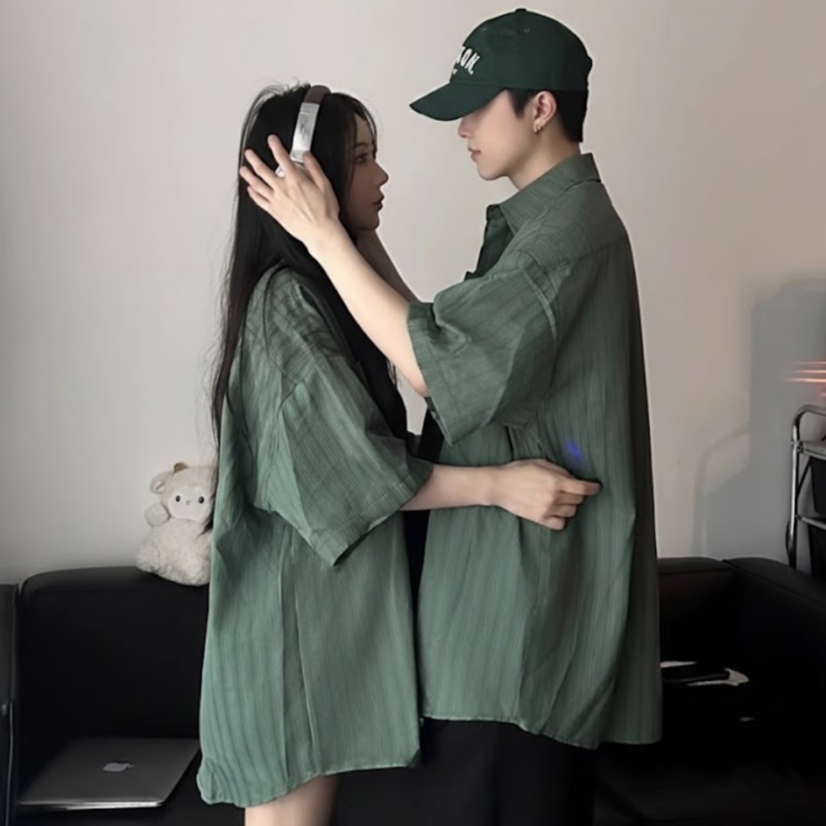 ペアルック ヴィンテージ風 モスグリーン ピンストライプ シャツ