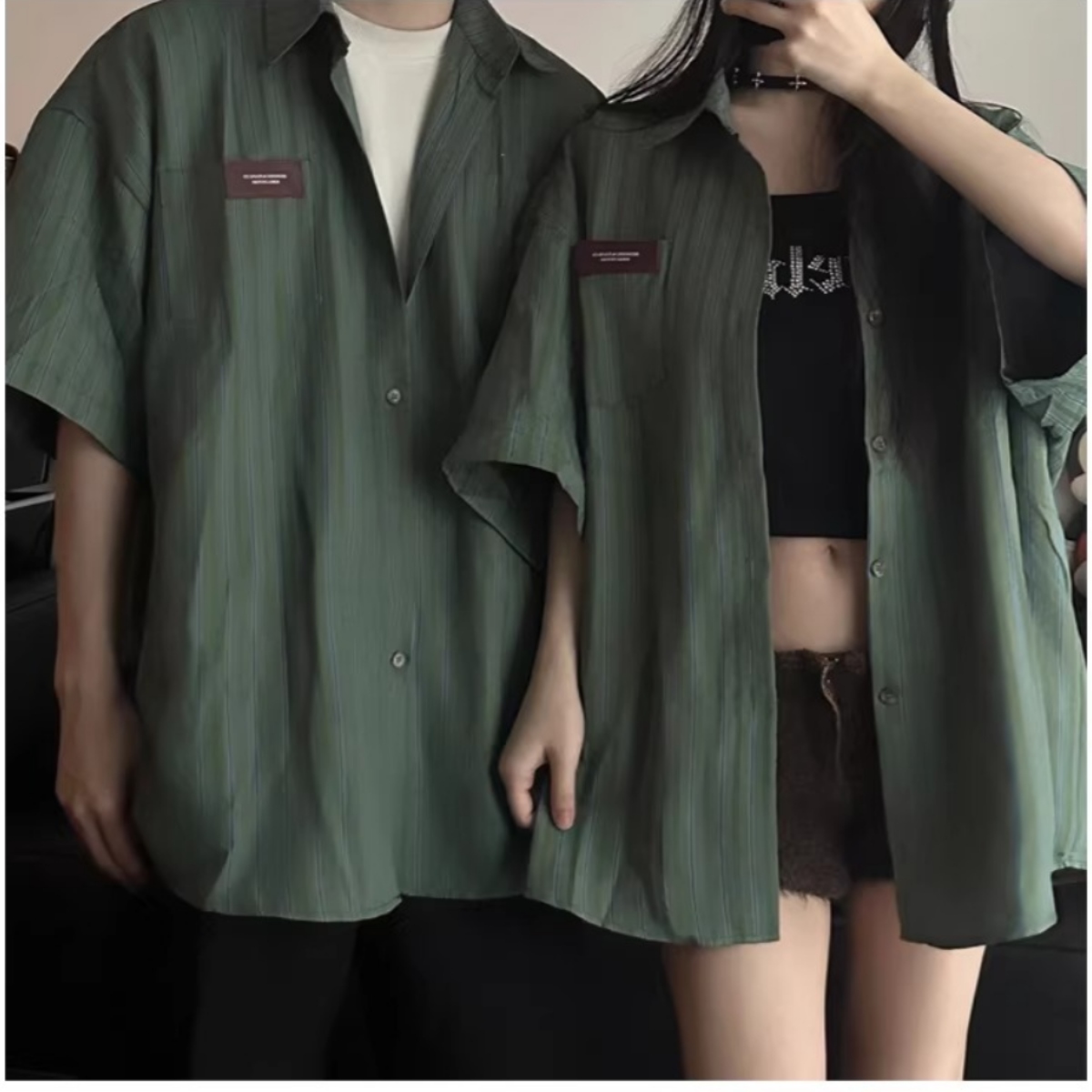 ペアルック ヴィンテージ風 モスグリーン ピンストライプ シャツ