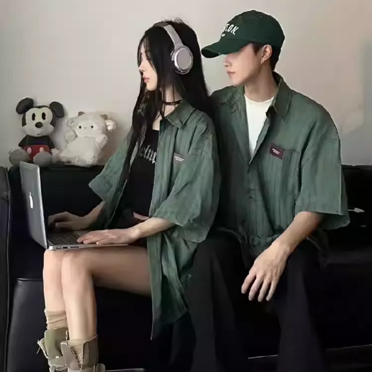 ペアルック ヴィンテージ風 モスグリーン ピンストライプ シャツ