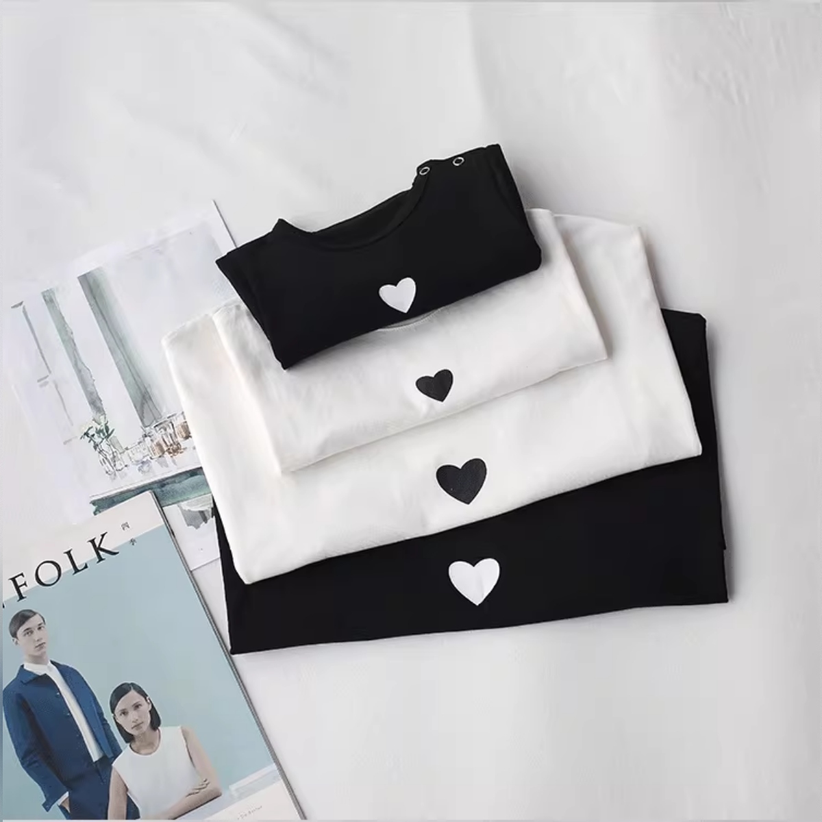 親子ペアルック モノトーンハート Tシャツ・ロンパース