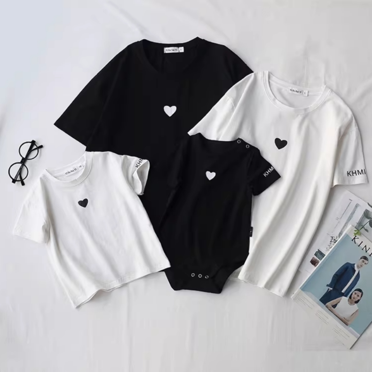 親子ペアルック モノトーンハート Tシャツ・ロンパース