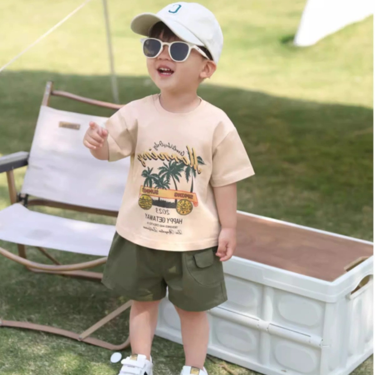 親子ペアルック  サマーリゾートプリント Tシャツ＆ロンパース