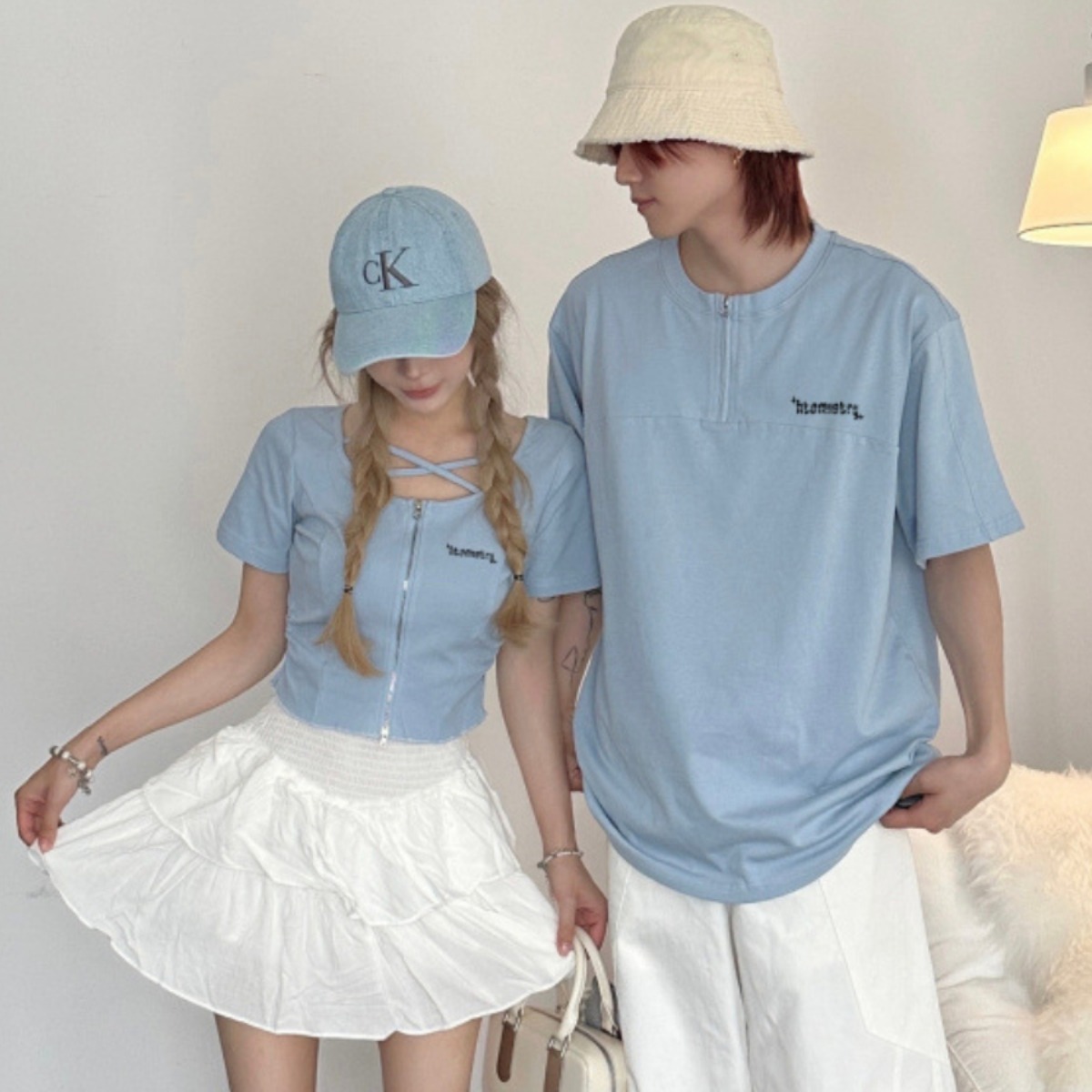 カップルペアルック ライトブルーリンク ハーフジップTシャツ