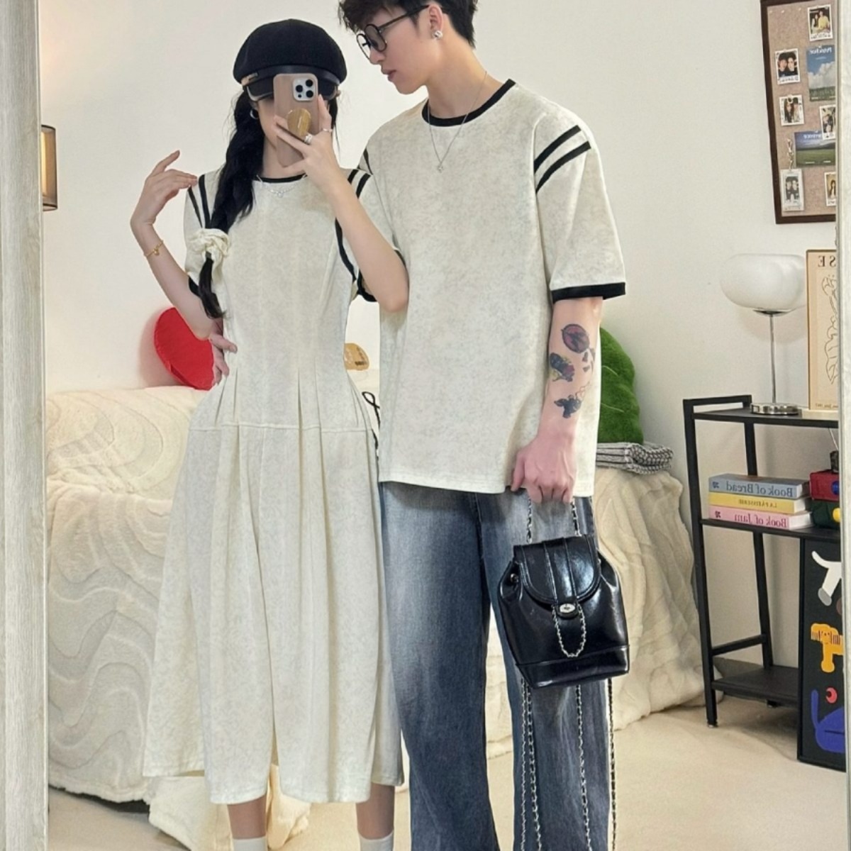 カップルペアルック ラインデザイン Tシャツ・ワンピース