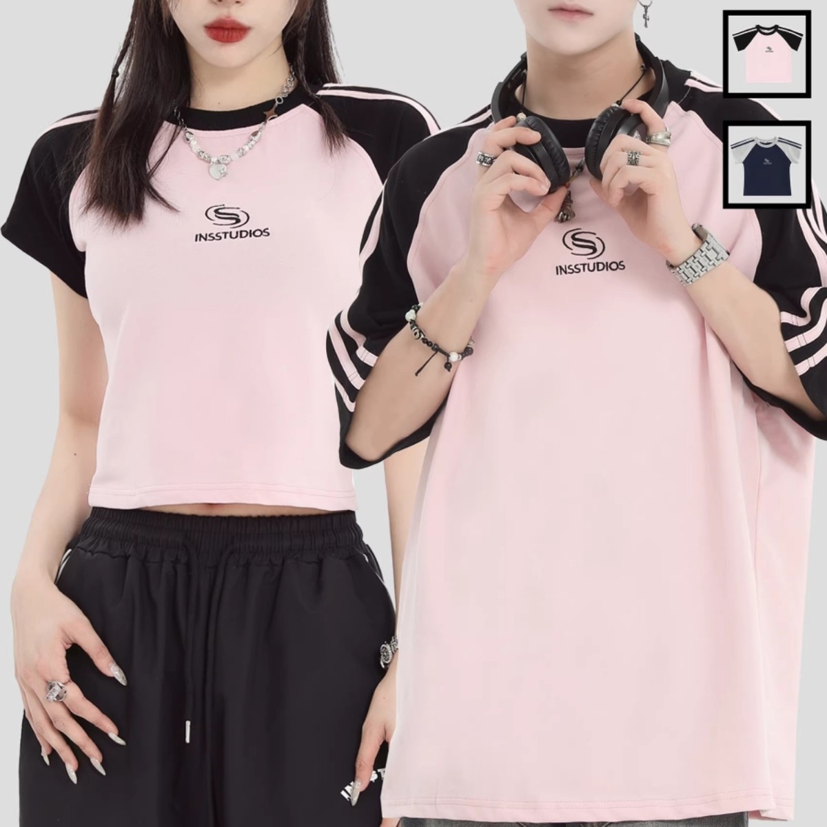 INSstudios レトロ配色ラグランボーダー 短丈カップルTシャツ