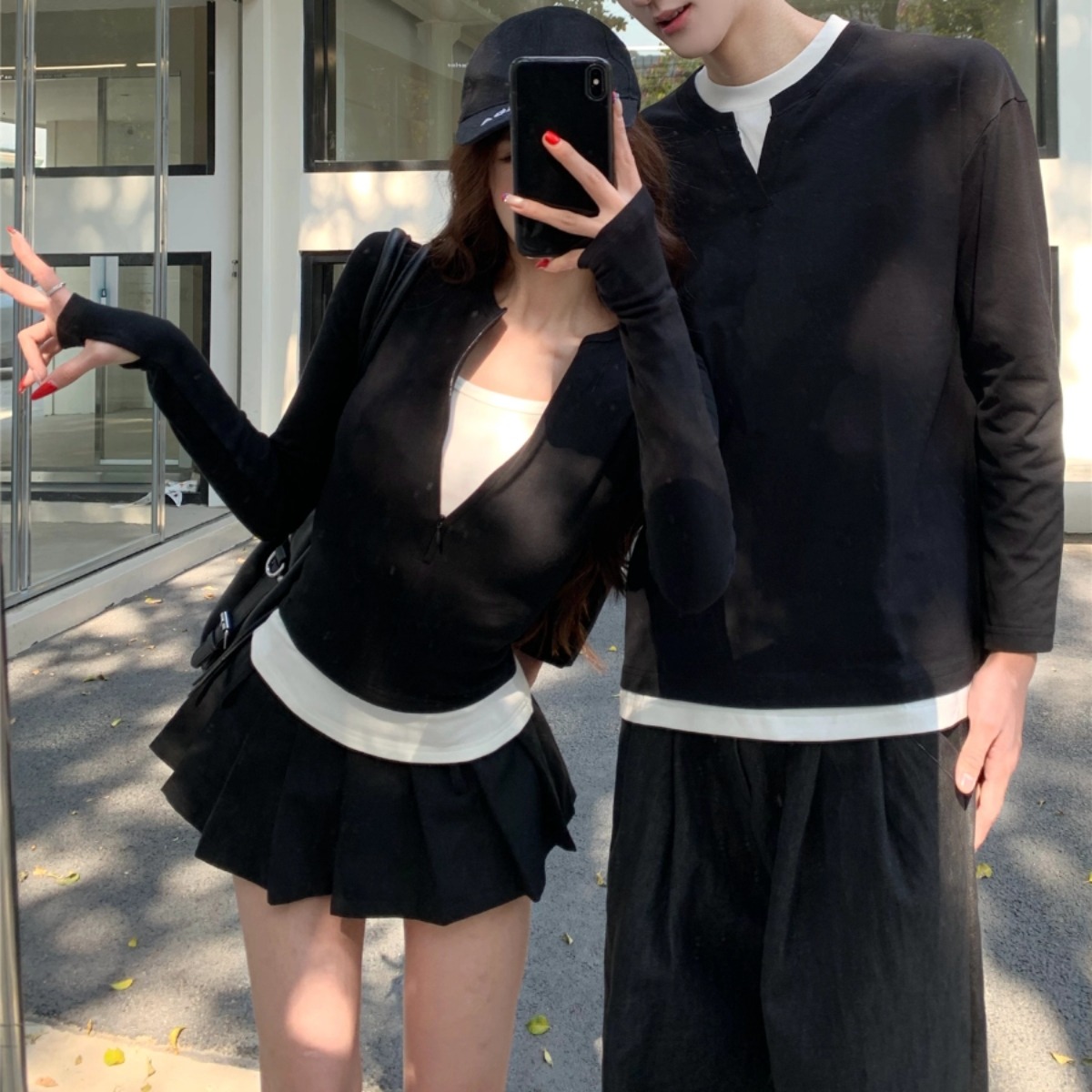 カップルペアルック レイヤード風 ロングTシャツ