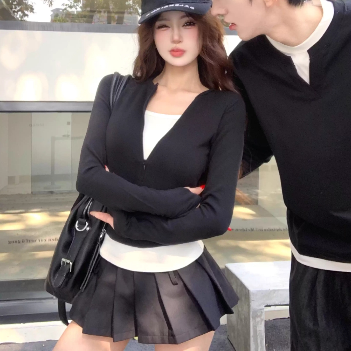 カップルペアルック レイヤード風 ロングTシャツ