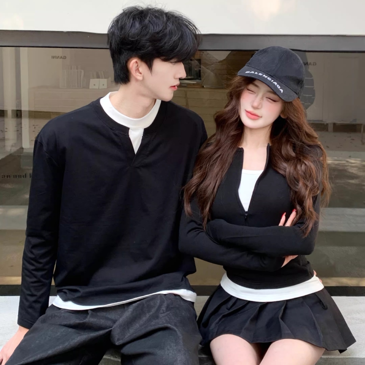 カップルペアルック レイヤード風 ロングTシャツ