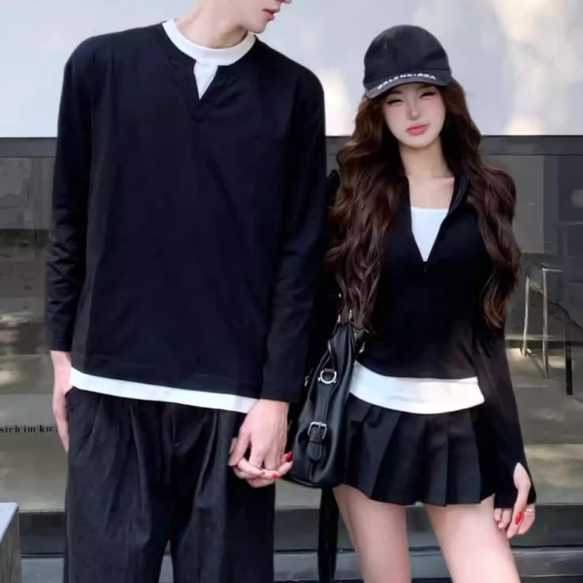 カップルペアルック レイヤード風 ロングTシャツ