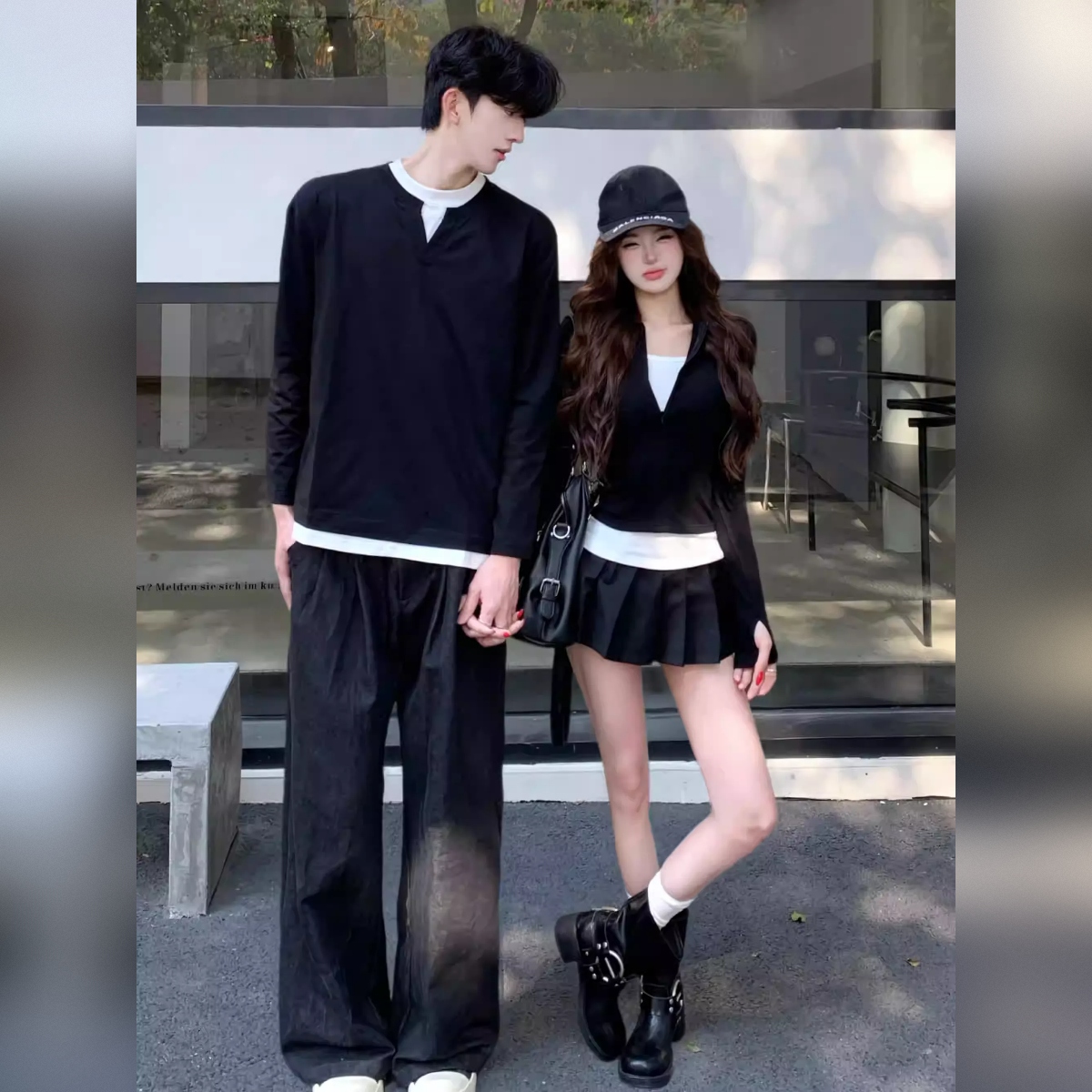 カップルペアルック レイヤード風 ロングTシャツ