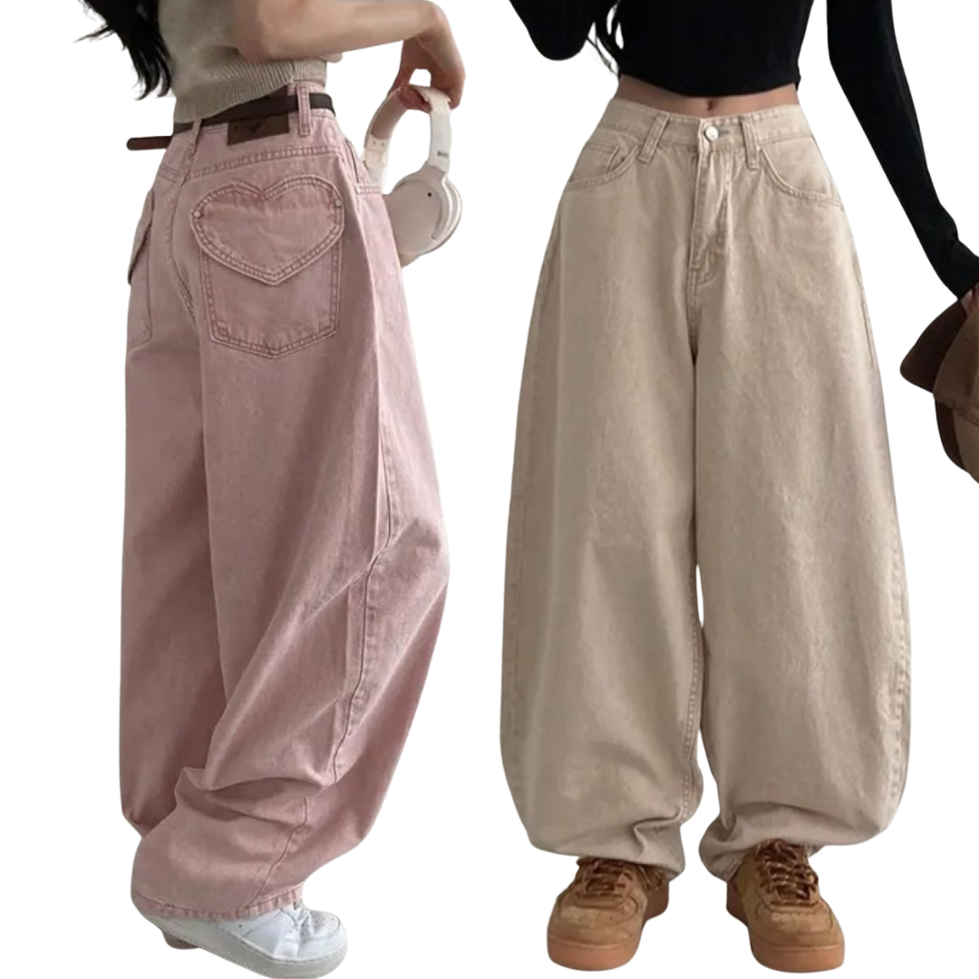 双子コーデ ハートポケットデザイン デニムパンツ ハイウエスト ワイドレッグ