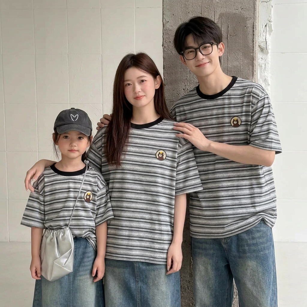 親子ペアルック くまさんワッペンのリラックスボーダーTシャツ
