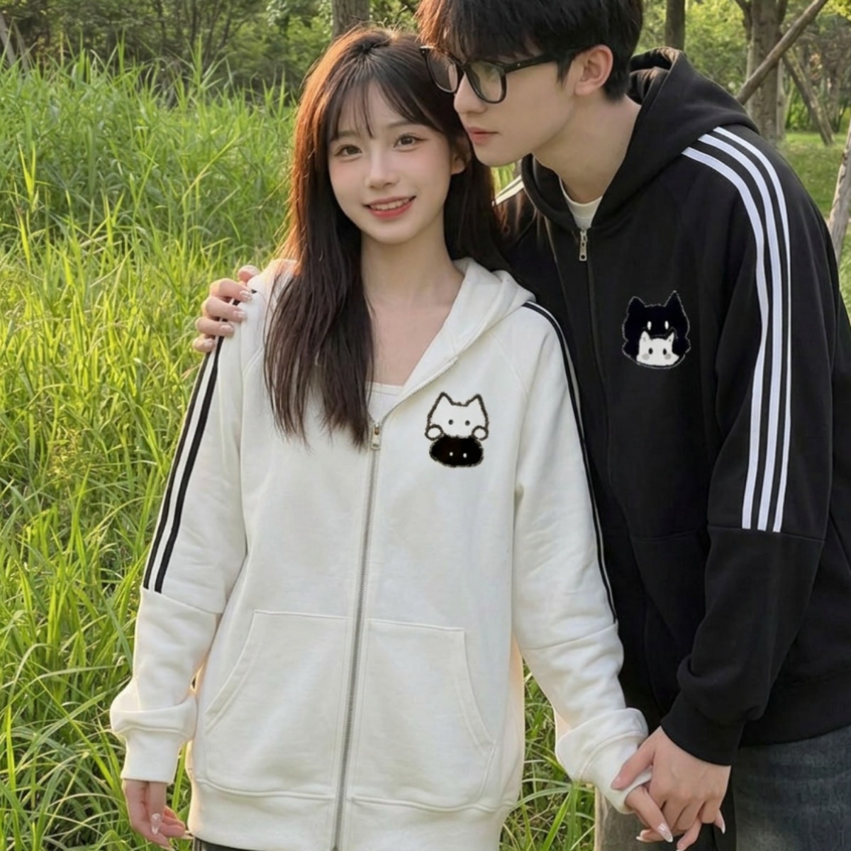カップルペアルック 寄り添う白黒キャット ジップパーカー